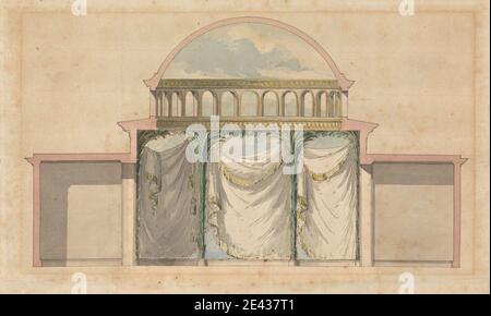 Sir William Chambers RA, 1723â €"1796, British, Royal Botanic Gardens, Kew: Design für das Innere einer Moschee, ca. 1761. Stift und schwarze Tinte, Aquarell und grau waschen auf Medium, mäßig strukturiert, beige gelegt Papier, mit zusätzlichen Blatt auf verso angebracht. Architektonische Thema, Wolken, Querschnitt, Vorhänge, Dekoration und Ornament - Pflanzenformen, Kuppeln, Fransen, Innendekoration, Wandbild, Palmen, Rotunde (Gebäude), Himmel, Fenster. England , Kew , London , Richmond , Royal Botanic Gardens, Kew , Vereinigtes Königreich Stockfoto