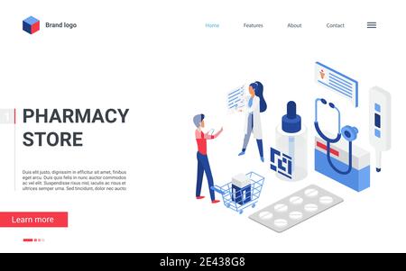 Isometrische Apotheke Shop Konzept Vektor Illustration. Cartoon Landing Page mobile Pharma Website-Design, Mann Charakter Wahl Drogen im Geschäft Drogerie, im Gespräch mit virtuellen Apotheker mit Pillen Liste Stock Vektor