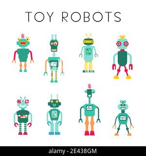 Spielzeug Roboter Vektor Sammlung. Retro-Stil niedlichen Roboter Charakter Illustration Set. Stil der 80er Jahre. Stock Vektor
