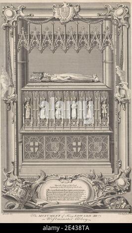 Claude Du Bosc, c.1711â €"1740, das Denkmal des Königs Edward III in Westminster Abbey, undated, ca. 1726-1740. Gravur auf mittelglattem Papier. Architektonisches Motiv, Wappen, Drachen, heraldische Motive, historisches Thema, Könige (Menschen), Denkmal, Grab. England , Europa , London , Vereinigtes Königreich , Westminster Abbey Stockfoto