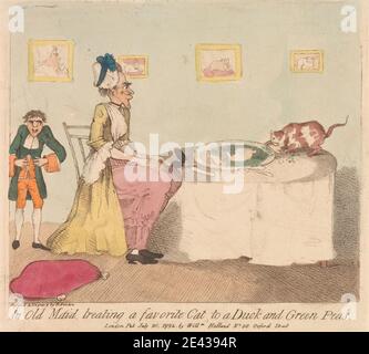 Richard Newton, 1777â € "1798, britische, eine alte Maid, Behandlung einer Lieblings-Katze zu einer Ente und grünen Erbsen, 1792. Radierung, handfarbig. Stockfoto