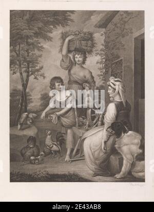Druck gemacht von Francesco Bartolozzi RA, 1728â € "1815, Italienisch, aktiv in Großbritannien (1764â € "99), die Cottagers, 1794. Ätzung und Stippelgravur auf mittlerem, leicht strukturiertem, cremefarbenem Wove-Papier. Huhn, Hund (Tier), Hahn, Spinnrad Stockfoto