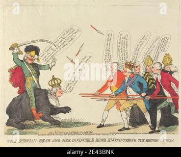 Unbekannter Künstler, (? H.W.), der russische Bär und ihr unbesiegbarer Reiter begegnen der britischen Legion, 1791. Radierung, handfarbig. Stockfoto