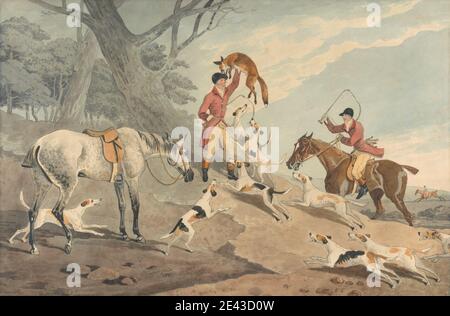 Edwin W. Cooper von Beccles, 1785â € "1833, Briten, Foxhunting: The Death, 1816. Aquarell, mit Stift in grauer Tinte und schwarzer Tinte, über Graphit, auf Medium, mäßig strukturiert, Creme Wove Papier. Hunde (Tiere), Fuchs (Tier), Fuchsjagd, Reiter, Reiten, Pferde (Tiere), Hunde (Hunde), Jagd, Jäger, Jagd, Landschaft, Männer, Sportkunst, Bäume Stockfoto