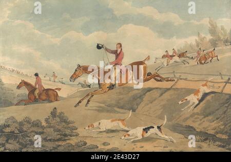 Edwin W. Cooper von Beccles, 1785â € "1833, britische, Foxhunting: Full Cry, 1816. Aquarell, Stift und schwarze Tinte, graue Tinte, braune Tinte, Und Graphit auf mäßig dick, leicht strukturiert, Creme, Wove Papier. Hunde (Tiere), Zaun, Fuchsjagd, Hügel, Reiter, Reiten, Pferde (Tiere), Hunde (Hunde), Jagd, Jäger, Jagd, Springen, Landschaft, Männer, Sportkunst, Bäume Stockfoto