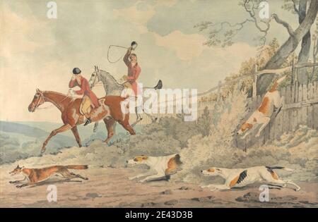 Edwin W. Cooper von Beccles, 1785â € "1833, Briten, Foxhunting: In der Nähe des Todes, 1816. Aquarell, Stift und schwarze Tinte, braune Tinte, graue Tinte, Und Graphit auf Medium, mäßig strukturiert, beige, wove Papier. Hunde (Tiere), Zaun, Fuchs (Tier), Fuchsjagd, Reiter, Reiten, Pferde (Tiere), Hunde (Hunde), Jagd, Jäger, Jagd, Springen, Landschaft, Männer, Sportkunst Stockfoto