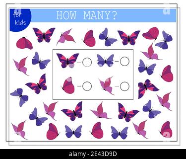 Mathe Spiel für Kinder zählen, wie viele Schmetterlinge, wie viele von ihnen. Stock Vektor