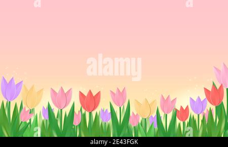 Bunte Frühlingsblumen Grenze mit Tulpen. Moderner Papierschnitt. Horizontales Banner mit Blumenmuster. Dekorativer Rahmen für Damen, Muttertage, Frühling oder Summe Stock Vektor