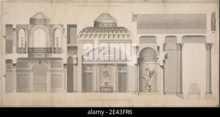 Henry Holland, 1745â € "1806, Briten, Carlton House, Pall Mall, London: Abschnitt der Portico, Hall und Tribune, ca. 1787. Aquarell über Stift und Graphit auf Meidum, leicht strukturiert, cremefarbenes Papier. Architektonisches Thema, Balustraden, Kutschen, Klassische, Kassettendecken, Säulen (architektonische Elemente), korinthische Ordnung, Festoons, Greifen, Hallen, Heraldik, Herms, Ionische Ordnung, Mythologie, Pilaster, Säulengänge, Statuen, Urnen. Carlton House. Apollo Stockfoto