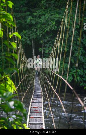 Mann, der über eine Hängebrücke im Dschungel über einen Fluss läuft Stockfoto