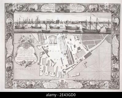 Druck von Pierre Charles Canot, ca. 1710â €"1777, Französisch, aktiv in Großbritannien, geometrische Plan seiner Majestät Dockyard in der Nähe von Portsmouth, 1754. Strichgravur auf mittelschwerem, mäßig strukturiertem, cremefarbenen Papier. Stockfoto