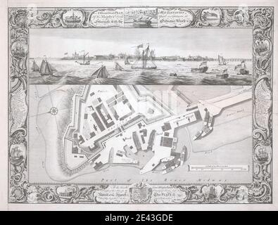 Druck von Pierre Charles Canot, ca. 1710â €"1777, Französisch, aktiv in Großbritannien, Geometrische Plan seiner Majestät Werft, bei Sheerness, 1755. Strichgravur auf mittelschwerem, mäßig strukturiertem, cremefarbenen Papier. Stockfoto