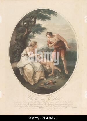 Druck von Thomas Burke, 1749–1815, Brite, Amor und Cephisa: 'Cephisa sagt, wir sollten die Flügel der Liebe schneiden...', 1789. Stippelgravur und Radierung, handgefärbt auf mäßig dickem, glattem, cremefarbenem Wove-Papier. Pfeile, Bogen, Zöpfe, Kind, Schnitt, Kleid, Blumen (Pflanzen), Gras, Halten, Messer, Liebe, Mann, Berge, Mythologie, Oval, Vorbereitung, religiöses und mythologisches Thema, Sandalen, sitzen, stehen, stoppen, Toga, Bäume, Flügel, Frau. Amor schlafend Amor Cephisa Charles-Louis de Secondat, Baron de la Brède et de Montesquieu (1689 - 1755), akademisch/intellec Stockfoto