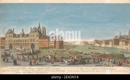 J. Couse, aktiv 1750, BLICK auf das Rathaus oder die Gildenhalle von Paris und von dort auf beiden Seiten Ye River seine zur St. Mary's Bridge und Ye Holzbrücke nennen'd Pont Rouge. Handkolorierte Gravur auf Wobentpapier. Boote, Brücke (Bauarbeiten), Kutschen, Stadtbild, Figuren, Pferde (Tiere), Fluss. Frankreich , Paris , Pont Marie , Pont Royal , seine , ÃŽle-de-France Stockfoto