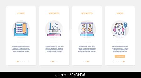 Haushaltsgeräte für Kommunikation und Unterhaltung Vektor Illustration. UX, UI Onboarding mobile App Seite Bildschirm mit Linie Wireless Internet Symbole, Handy-Gadget, intelligente Lautsprecher, um Musik zu spielen Stock Vektor
