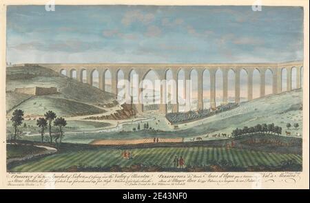 Thomas Bowles, ca. 1712â € "starb 1753, Briten, EIN Prospekt des neuen Aquädukts von Lissabon, als Überquerung über das Tal von Alcantra auf Stein Arches, die größte davon ist 150 Meter breit, und 249 Meter hoch. Das ist 47 Meter höher als das Monument in London, undated. Handkolorierte Gravur auf Wove-Papier. Aquädukt, Bögen, Rinder, Stadtbild, Hügel, Menschen. Europa , Lissabon , Portugal Stockfoto