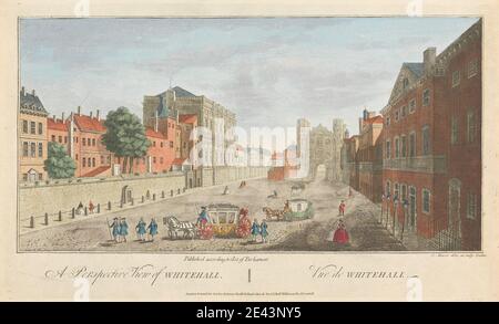 John Maurer, aktiv 1713â € "1761, EINE Perspektive Blick auf Whitehall. Handkolorierte Gravur auf Wove-Papier. Bogen, Kutschen, Stadtbild, Pferde (Tiere), Männer, Frauen. City of Westminster , England , Europa , Greater London , London , Großbritannien , Whitehall Stockfoto
