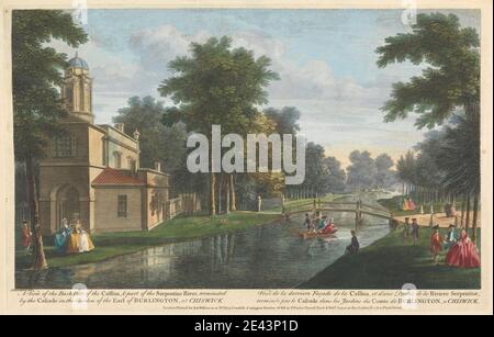 John Donowell, aktiv 1753â € "1786, EIN Blick auf den hinteren Teil der Cassina, & ein Teil des Serpentine River, beendet durch die Cascade im Garten des Earl of Burlington, in Chiswick. Handkolorierte Gravur auf Wobentpapier. Brücke (gebaut), Landschaft, Männer, Fluss, Ruderboot, Frauen. Chiswick , Chiswick House , England , Greater London , Vereinigtes Königreich Stockfoto