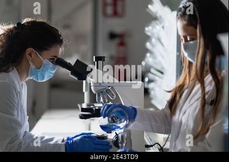 Junge Biochemie-Studentinnen in weißen Mänteln und Schutzmasken Und Handschuhe, die chemische Reaktion mit Mikroskop während des Experiments in erforschen M Stockfoto