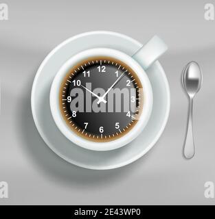 Zeit zu trinken Kaffee Vektor Poster, Banner Design Vorlage. Tasse Kaffee mit Uhr auf Untertasse, Abbildung oben. Stock Vektor