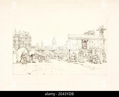 Druck von Thomas Shotter Boys, 1803–1874, Britisch, Quayside, Notre Dame in Distance, undatiert. Weiche Radierung auf mäßig dickem, leicht strukturiertem, cremefarbenem Wove-Papier. Architekturmotiv, Taschen (Container), Glocke, Brücke (Bauarbeiten), Gebäude, campanile, Karren, Kathedrale, Stadt, Stadtbild, Mäntel, Behälter (Gefäße), Kuppel, Kleider, Figuren, Genremotiv, Grand Tour, Wache, Hüte, Pferd (Tier), Arbeit, Markt (Ereignis), Markt, Männer, Kaufleute, Kauf, Kai, Gewehr, Straße, Schärpe, steht, Straße, Tisch, Hose, Uniform, Vasen, Wagen, Stockfoto