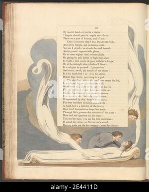 Print made by William Blake, 1757â€“1827, Britisch, Young's Night Thoughts, Seite 40, Engel sollten es malen, Engel je dort, ca. 1797. Radierung und Liniengravur mit Aquarell auf mäßig dickem, leicht strukturiertem, cremefarbenen Wove-Papier. Engel, Bett, literarisches Thema, Bademäntel, Text Stockfoto