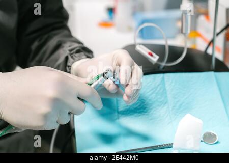 Seitenansicht der Ernte unkenntlich Zahnarzt in Latex-Handschuhe Vorbereitung bohrer für die zahnärztliche Behandlung in der Klinik Stockfoto