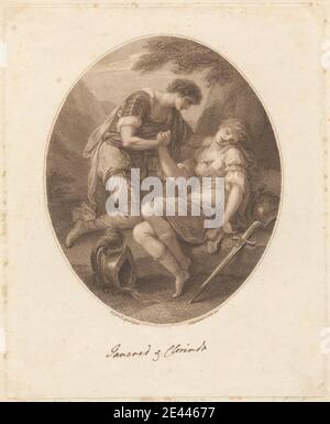 Druck von Francesco Bartolozzi RA, 1728â € "1815, Italienisch, aktiv in Großbritannien (1764â € "99), Tancred und Clorinda, 1785. Mezzotint und Radierung auf Medium, mäßig strukturiert, cremefarbenen Papier gelegt. Schlacht, christliche Religion, Christentum, Tod, Sterben, Epen, Feder, Helme, Islam, Islam (Muslim), Jerusalem, Jerusalem geliefert, 1581, Ritter, literarisches Thema, Liebe, Liebhaber, Mythologie, Porträt, Schwert, der erste Kreuzzug, Bäume, Tal, Kriege. Tancred Clorinda Stockfoto