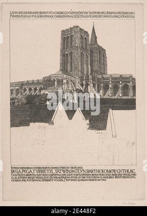 Frederick Landseer Maur Griggs, 1876â € "1938, Briten, Anglia Perdita, 1921. Ätzung. Bögen, architektonische Subjekt, Balkone, Zinnen, Glocke, Glocke cote, Gebäude, Strebepfeiler, Kirche, Kreuz (Objekt), Endprodukte, fliegende Strebepfeiler, Giebel, Inschriften, Lamellen, Brüstungen, Zinnen, Geländer, Dächer, Scupper, Schindeln, Türme, Türme (Gebäudeteilungen) , Bäume , Turm , Wettervane , Fenster Stockfoto