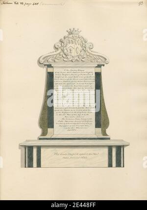 Zugeschrieben Daniel Lysons, 1762â € "1834, britische, Memorial zu RT. Hon. Edmond Lord Sheffield von Fulham Church, zwischen 1796 und 1811. Stift und schwarze Tinte, Aquarell und Zackenbarsch über Graphit auf Medium, leicht strukturiert, cremefarben gewebt Papier. Architektonisches Thema, Kirche, Denkmal. All Saints Church , England , Fulham , Greater London , London , Vereinigtes Königreich Stockfoto