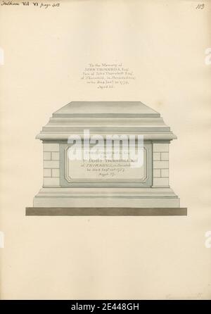 Zugeschrieben Daniel Lysons, 1762â € "1834, britische, Grab von John Thornhill von Fulham Kirche, zwischen 1796 und 1811. Stift und schwarze Tinte und Aquarell über Graphit auf Medium, leicht strukturiert, Creme Wove Papier. Architektonisches Thema, Kirche, Denkmal, Grab. All Saints Church , England , Fulham , Greater London , London , Vereinigtes Königreich Stockfoto