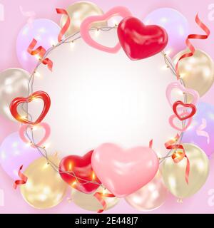 Valentinstag Hintergrund mit Herzen, Luftballons, glänzende Girlanden, Lametta. Romantische Komposition mit Platz für Text für Grußkarte, Flyer, Banner Stock Vektor