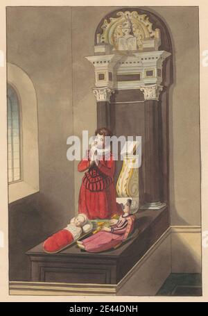 Zugeschrieben Daniel Lysons, 1762â € "1834, britische, Grab der drei Kinder von Sir Thomas Savage von Isleworth Kirche, zwischen 1796 und 1811. Stift und schwarze Tinte, Aquarell und Gouache über Graphit auf Medium, leicht strukturiert, Creme Wove Papier. Architektonische Thema, Kirche, Denkmal, Grab. All Saints Church , England , Greater London , Isleworth , London , Vereinigtes Königreich Stockfoto