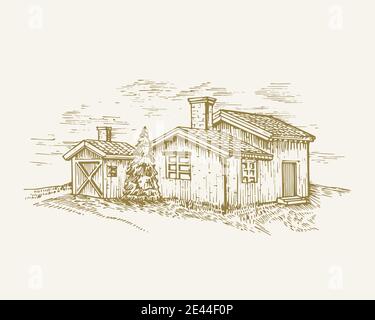Handgezeichnete Ländliche Gebäude Landschaft Vektor Illustration. Farm mit Scheunen und Kiefernbaum Skizze. Dorfhäuser Doodle. Isoliert Stock Vektor
