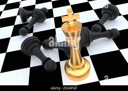 Golden King und viele gefallene Bauern herum - Schachführungs-Konzept. 3D-Darstellung. Stockfoto