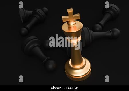 Golden King und viele gefallene Bauern herum - Schachführungs-Konzept. 3D-Darstellung. Stockfoto