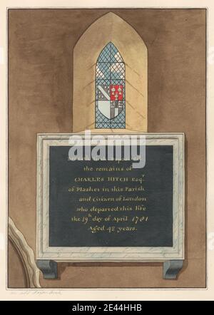 Daniel Lysons, 1762â € "1834, British, Memorial to Charles Hitch von East Ham Church, zwischen 1796 und 1811. Stift und schwarze Tinte, Aquarell und Gouache über Graphit auf Medium, leicht strukturiert, Creme Wove Papier. Architektonisches Thema, Kirche, Denkmal. East Ham , England , Greater London , London , St. Mary Magdalene Parish Church , Großbritannien Stockfoto