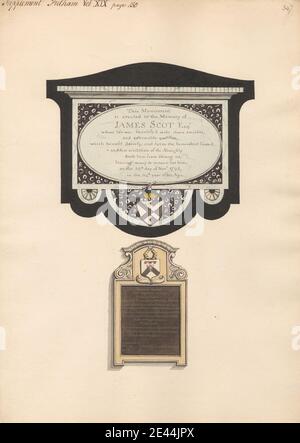Daniel Lysons, 1762â € "1834, britische, Memorial zu James Scott und Francis Wolley von Fulham Kirche, zwischen 1796 und 1811. Stift und schwarze Tinte, Aquarell und Gouache über Graphit auf Medium, leicht strukturiert, Creme Wove Papier. Architektonisches Thema, Kirche, Denkmal. All Saints Church , England , Fulham , Greater London , London , Vereinigtes Königreich Stockfoto