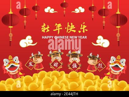 Chinesische Neujahr niedlich von Cartoon-Design im Jahr Von Ochsen, Vektorgrafik (Chinesische Buchstaben bedeuten glückliches chinesisches neues Jahr) Stock Vektor