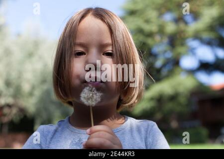 Niedriger Winkel von niedlichen Kind mit blonden Haaren weht weiß Löwenzahn und Blick auf die Kamera während der Ruhe im grünen Park An sonnigen Sommertagen Stockfoto
