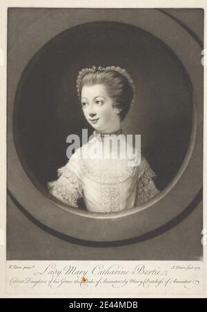 Druck von John Dixon, ca. 1740â €"1811, Irisch, Lady Mary Catharine Bertie, 1767. Mezzotint auf mäßig dickem, leicht strukturiertem, cremefarbenen Papier. Choker, Tochter, Blick, Haare, Spitze, Dame, Porträt, Posen, Bänder, Rüsche, lächelnd, Frau Stockfoto