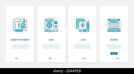 Rechtsschutz, Finanzsicherheit Konzept Vektor Illustration. UI, UX Onboarding mobile App Seite Bildschirm mit Linie Justiz und Gerichtsgebäude, sicherer Anwalt, geheime Zeugnis abstrakte Symbole Stock Vektor