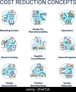 Symbole für das Konzept der Kostenreduzierung gesetzt Stock Vektor