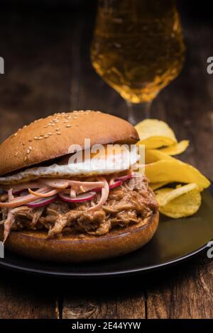 Nahaufnahme von appetitlichen Hamburger mit gezogen Schweinefleisch und gebraten Ei mit Gemüse serviert mit Kartoffelchips Stockfoto
