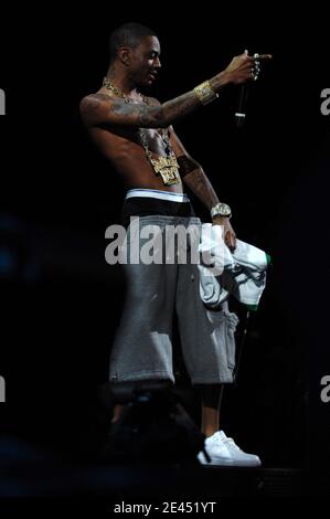 Rapper Soulja Boy tritt am 16. Mai 2009 während der Zootopia 2009 im Izod Center in East Rutherford, New Jersey, USA, auf der Bühne auf. Foto von Gregorio Binuya/ABACAPRESS.COM Stockfoto