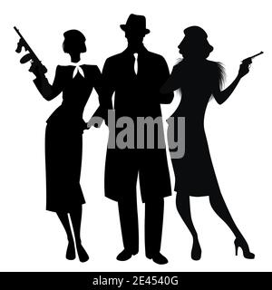 Silhouetten von eleganten kriminellen Trio im Retro-Stil, bewaffnet mit Pistole und Maschinengewehr, isoliert auf weißem Hintergrund. Klassischer Film Noir-Stil. Stock Vektor