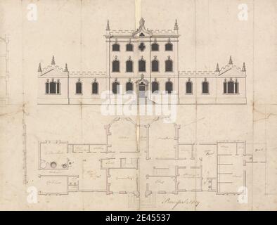 Zugeschrieben Batty Langley, 1696â € "1751, britische, Moody Hall: Front Elevation und Hauptgeschoss Plan, undated. Graphit, Stift und braune Tinte, Stift und schwarze Tinte, Stift und graue Tinte, Aquarell und grau waschen auf Medium, mäßig strukturiert, cremefarbenen Papier bar Skala von 1/10 Zoll bis 1 Fuß gelegt. Architektonisches Thema , Landhäuser , Grundrisse , Gothic Revival Stockfoto