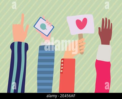 Gruppe von Händen Freundschaft heben Banner und Karte gezeichnet Stil Symbolvektor Illustration Design Stock Vektor