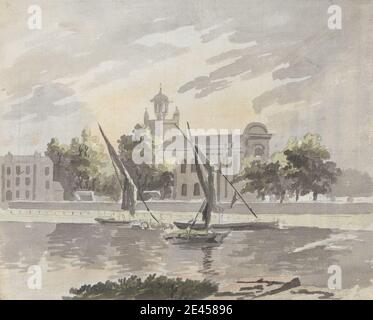 James Miller, aktiv 1773â € "1814, Blick auf die Kirche Isleworth, undated. Aquarell Graphit, Stift und schwarze Tinte auf Medium, mäßig strukturiert, gebläute weiß, Papier gelegt. Architekturmotiv , Boote , Kirche , Beiboot , Dock , Fluss , Flussufer , Segel , Bäume , Türmchen. All Saints Church , England , Hounslow , Isleworth , London , Themse , Großbritannien , Westminster Abbey Stockfoto