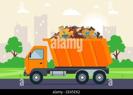 Orange Müllwagen geht auf die Dump auf der Straße vor dem Hintergrund der Stadt. Flache Vektor-Illustration. Stock Vektor